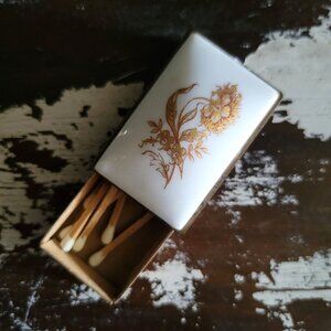 Vtg Hollohaza Hungary Porcelain Matchbox Holder With Floral Design Gold Accents